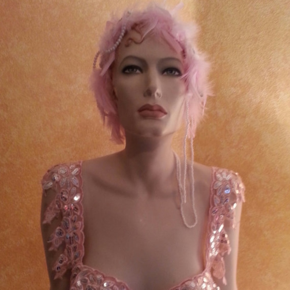 Pink Feather Pearl Rhinestone Bridal Headpiece - Picture 2 of 5